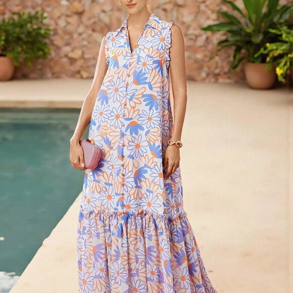 Multicolor Boho Women's Chiffon Floral Print Ruffle Hem Sleeveless Sun Dress - Picture 8 of 8